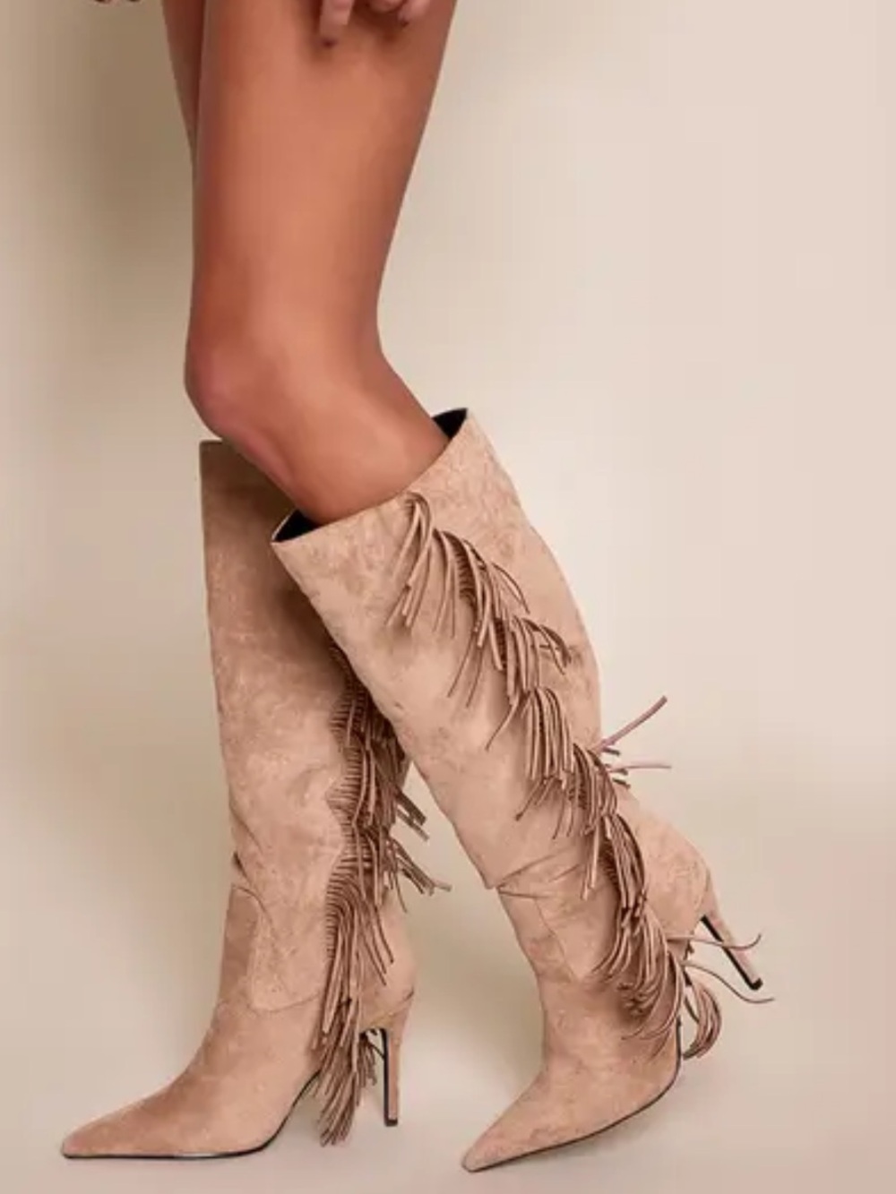 Fringe Suede Knee-High Boots in Tan 9.5